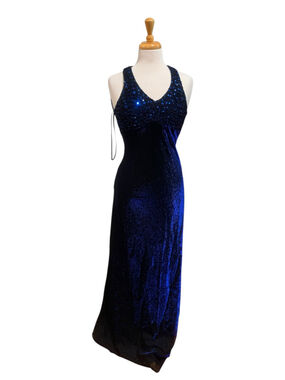 Vtg Y2K Women's Cache Backless iridescent Gown in Blue and Black size 6